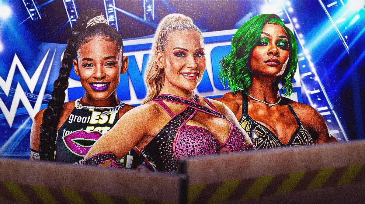WWE's Natalya with Bianca Belair on her left and Jade Cargill on her right with the SmackDown logo as the background.