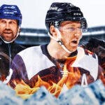 Nathan MacKinnon in middle of image looking happy with fire around him, Joe Sakic and Peter Forsberg on either side looking impressed, COL Avalanche logo, hockey rink in background