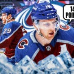 Colorado Avalanche center Nathan MacKinnon with a speech bubble that says “140 points!” next to a logo of the Colorado Avalanche