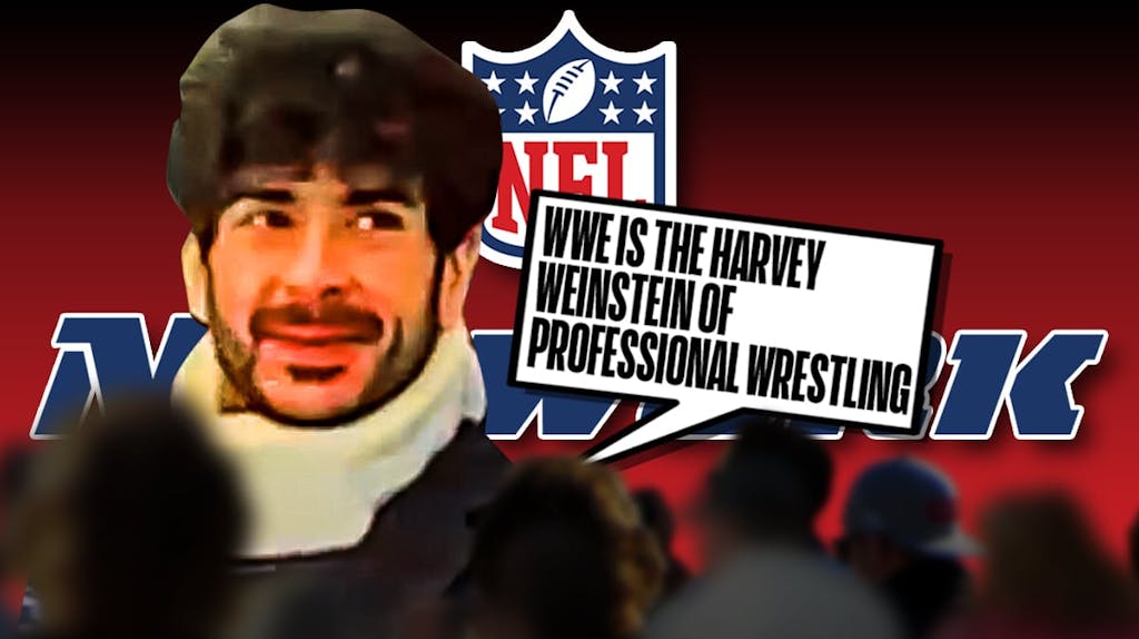 Neckbrace Tony Khan with a text bubble reading "WWE is the Harvey Weinstein of professional wrestling" with the NFL Network logo as the background.