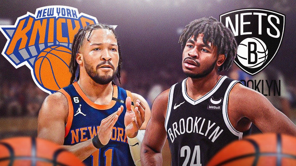Jalen Brunson and Cam Thomas both in image looking stern, Brooklyn Nets and New York Knicks logos, basketball court in background