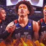 Kevin Ollie clapping. Noah Clowney and Jalen Wilson with fire in their eyes