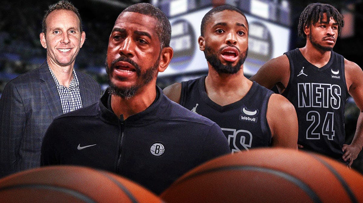 Mikal Bridges and Cam Thomas on one side, Kevin Ollie and Sean Marks on the other side
