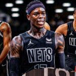 Photo: Dennis Schroder, Dorian Finney-Smith, Dennis Smith Jr all in action in Nets jerseys with medical kits beside them