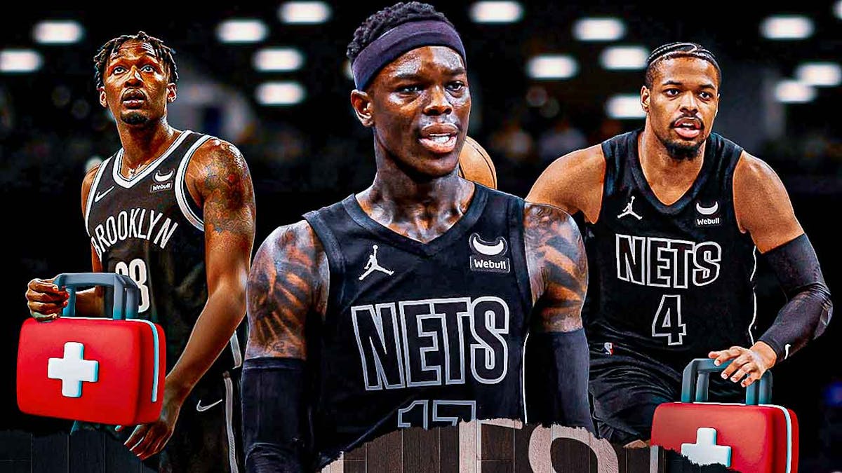 Photo: Dennis Schroder, Dorian Finney-Smith, Dennis Smith Jr all in action in Nets jerseys with medical kits beside them