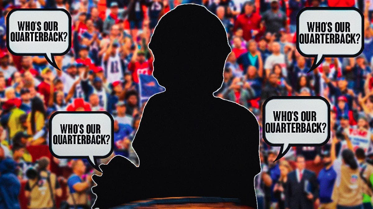 A silhouette of a quarterback on one side, a bunch of New England Patriots fans on the other side with a speech bubble that says "Who's our quarterback?"