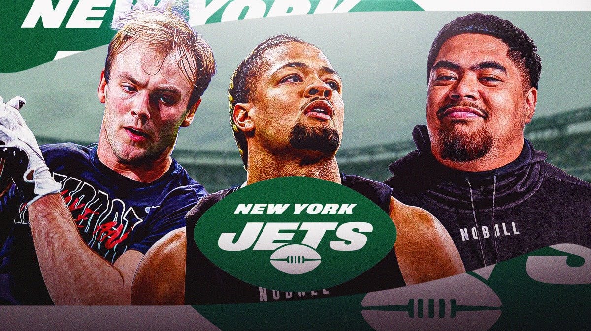 Jets logo surrounded by Brock Bowers, Taliese Fuaga, and Rome Odunze.