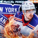 Filip Chytil in middle of image with fire around him looking happy, New York Rangers logo, hockey rink in background