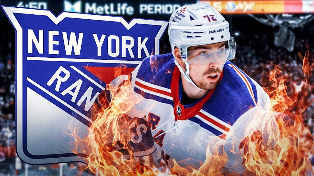Filip Chytil in middle of image with fire around him looking happy, New York Rangers logo, hockey rink in background