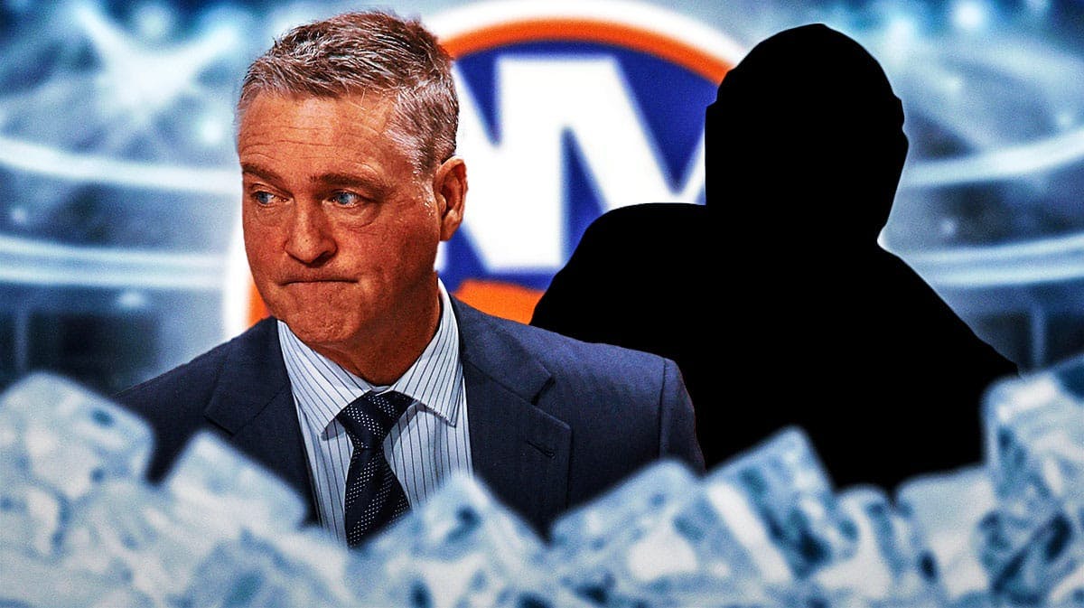 Ilya Sorokin as a silhouette. Patrick Roy. Islanders logo in background