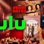 Hulu logo alongside the show and movie posters for the Hulu originals Prom Dates, Shardlake and The Kardashians: Season Five