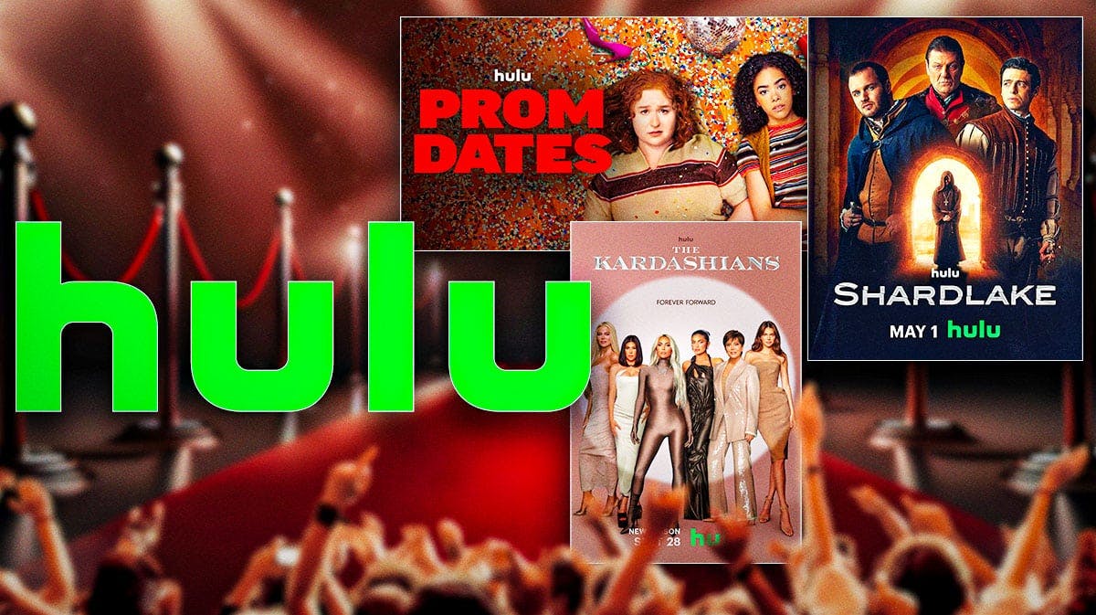 Hulu logo alongside the show and movie posters for the Hulu originals Prom Dates, Shardlake and The Kardashians: Season Five