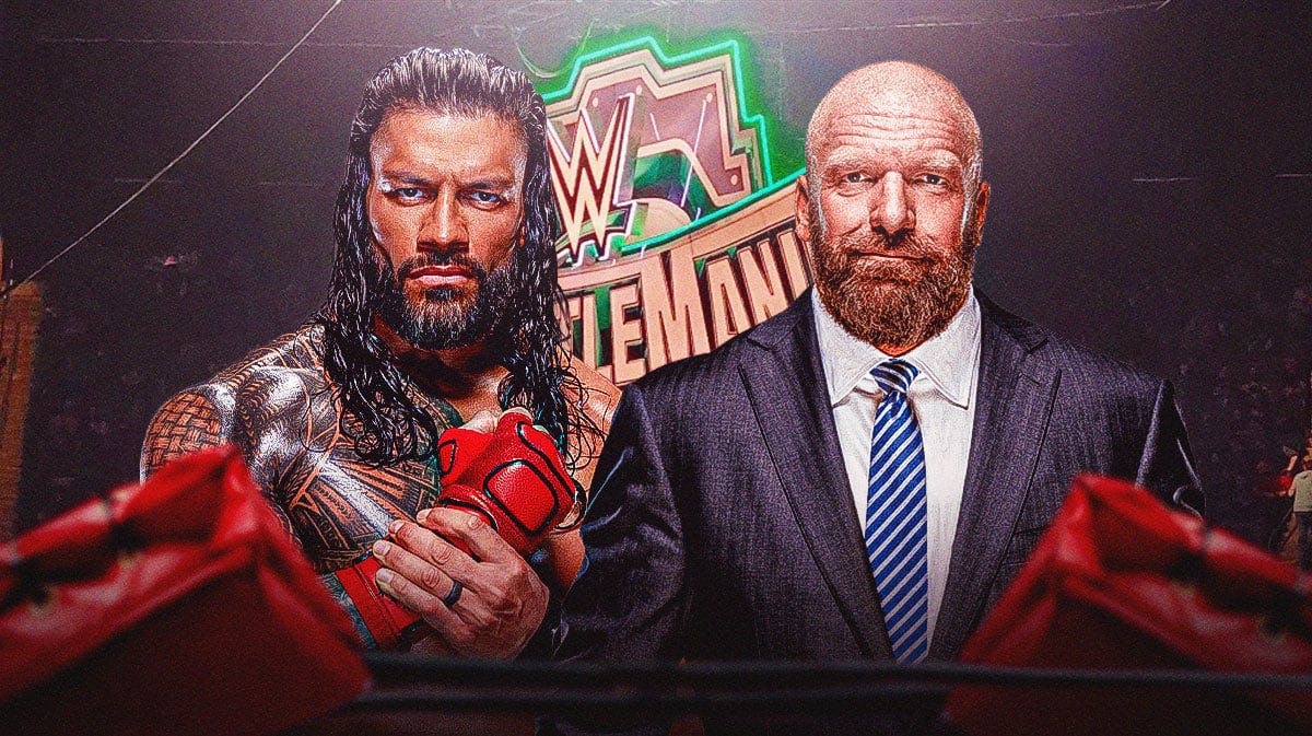 Triple H and Roman Reigns in front of the WrestleMania 40 logo