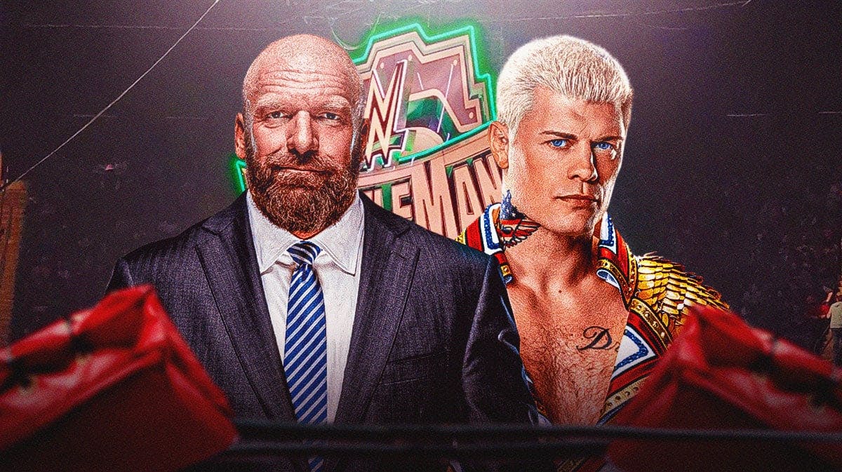 Triple H and Cody Rhodes in front of the WrestleMania 40 logo