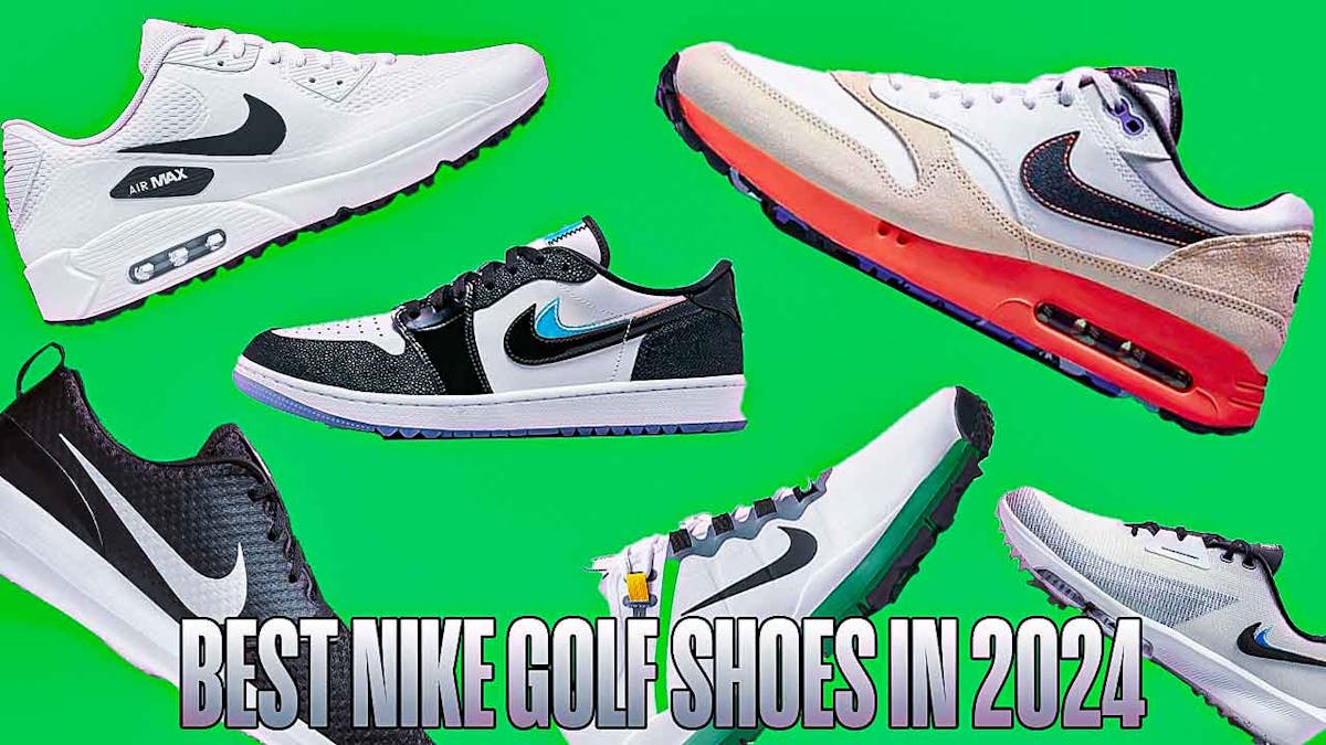 Product display of the best Nike golf shoes on a green colored background.