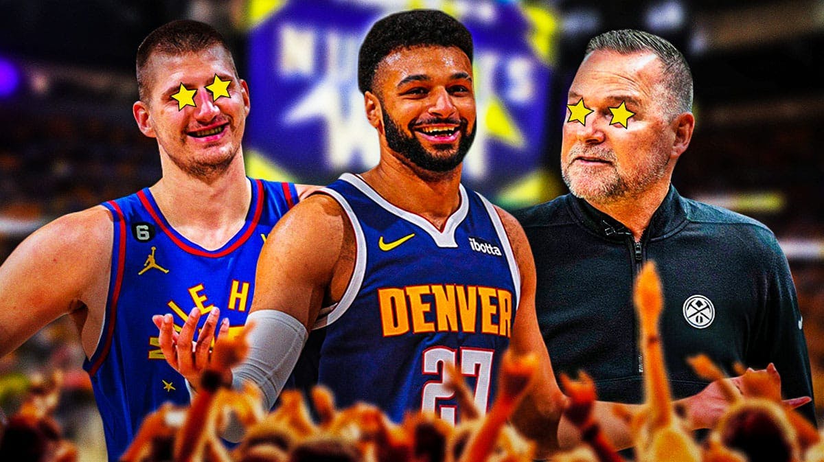 Jamal Murray in the middle on fire, Nikola Jokic on one side with stars in his eyes, Michael Malone on the other side with stars in his eyes