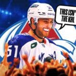 Nikolai Kovalenko in middle of image looking happy with speech bubble: "This isn't the KHL" , Colorado Avalanche logo, hockey rink in background