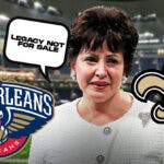 Gayle Benson looking with Pelicans and Saints logo in background
