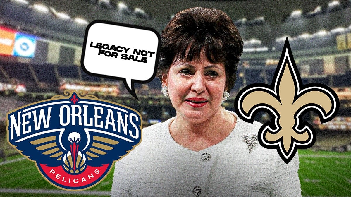 Gayle Benson looking with Pelicans and Saints logo in background