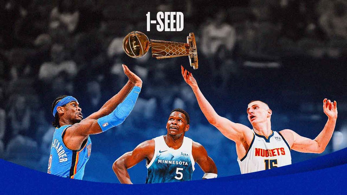 Timberwolves' Anthony Edwards, Nuggets' Nikola Jokic, and Thunder's Shai Gilgeous-Alexander all reaching for the Larry O'Brien trophy like a rebound, with caption: "1-SEED" over the trophy