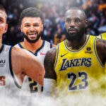 Nuggets' Nikola Jokic and Jamal Murray (smiling or looking happy) at an upset Lakers' LeBron James and Anthony Davis.