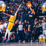 Nuggets Jamal Murray hitting a shot against the Lakers' Anthony Davis with the ball on fire, and a few shocked face emojis in the crowd.