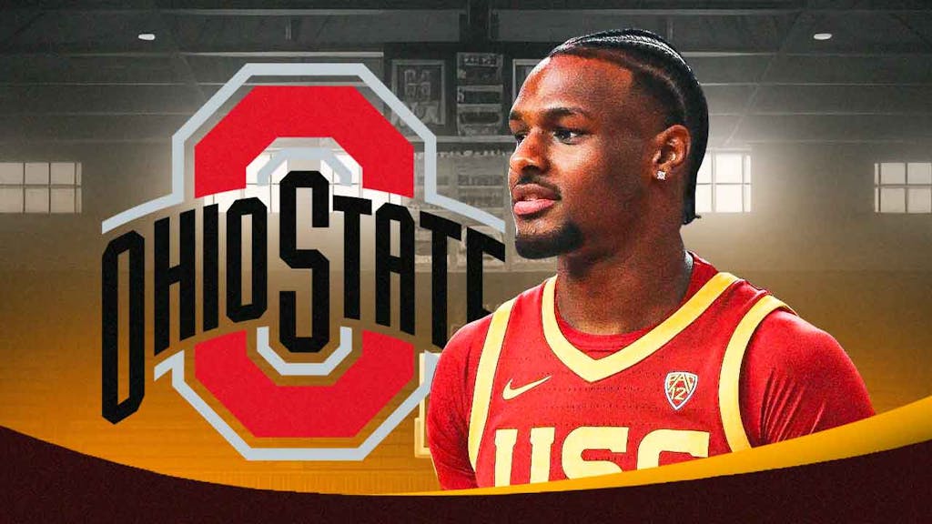 USC basketball's Bronny James stands next to Ohio State logo, Big Ten, transfer portal reporters stand out of frame
