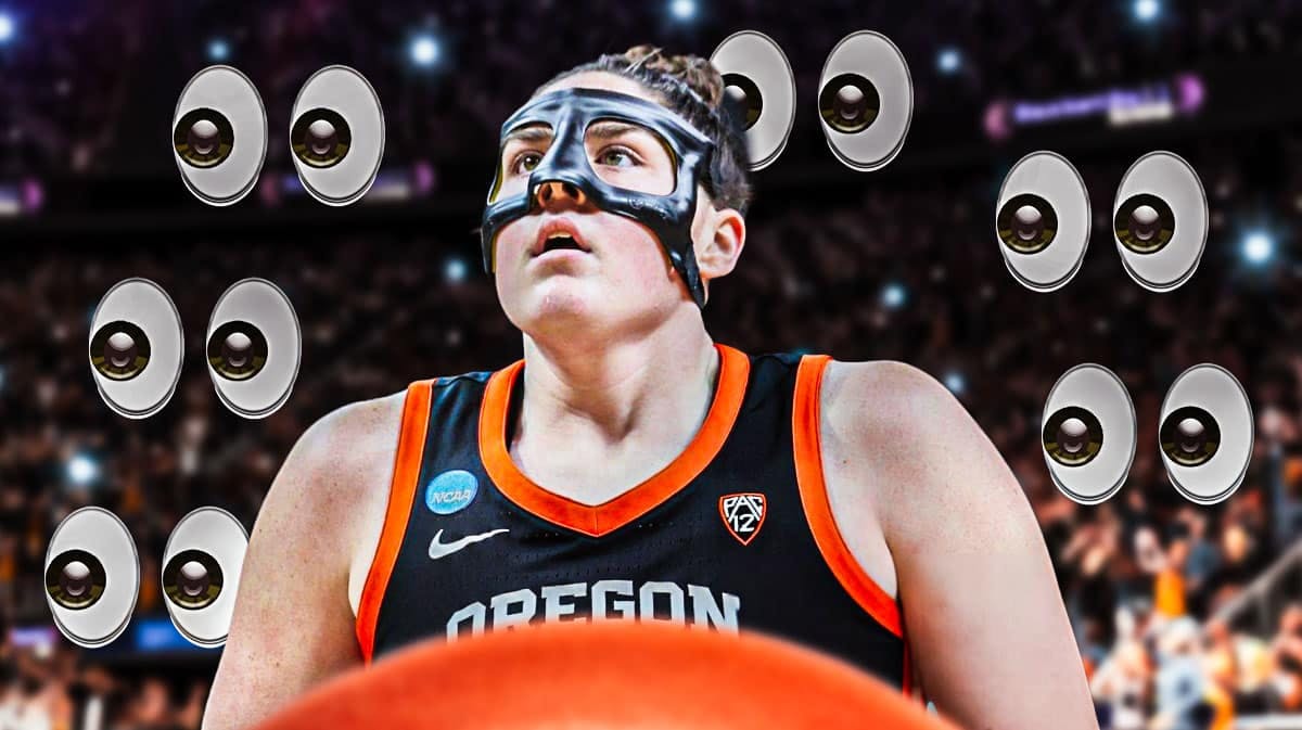 Oregon State women's basketball player Raegan Beers, with the eyeball emojis around her