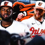 Craig Kimbrel and Felix Bautista in image looking stern, Baltimore Orioles logo in middle, baseball field in background