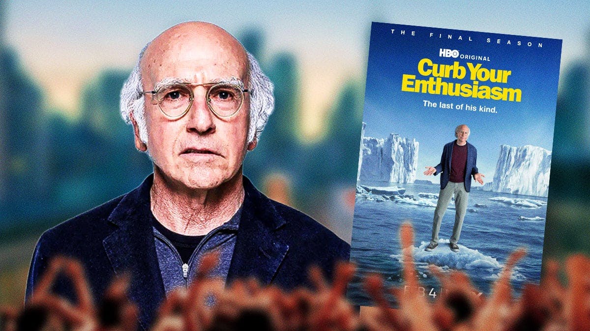 Larry David alongside the show poster for Curb Your Enthusiasm's final season