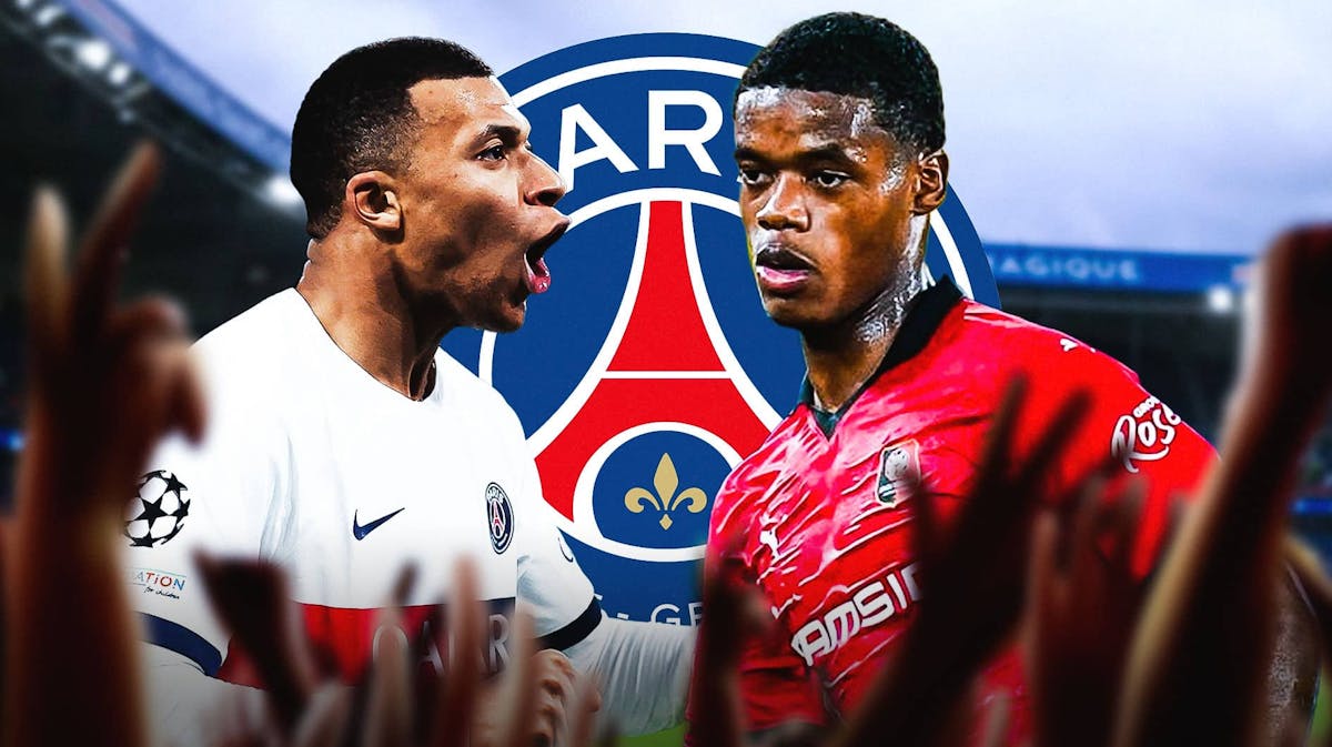 Kylian Mbappe and Warmed Omari shouting towards each other, the PSG logo behind them