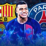 Kylian Mbappe celebrating on blue fire, in front of the Barcelona and PSG logos