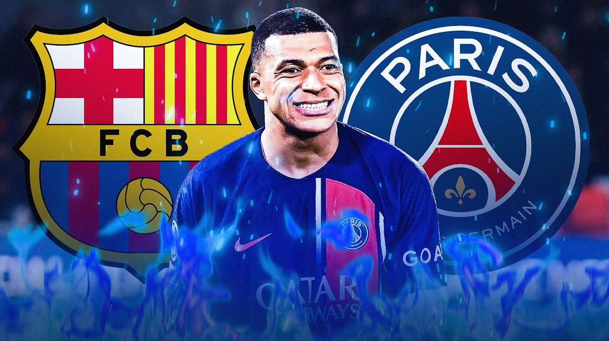 Kylian Mbappe celebrating on blue fire, in front of the Barcelona and PSG logos