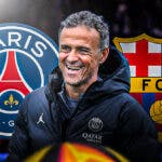 Luis Enrique in front of the PSG and Barcelona logos
