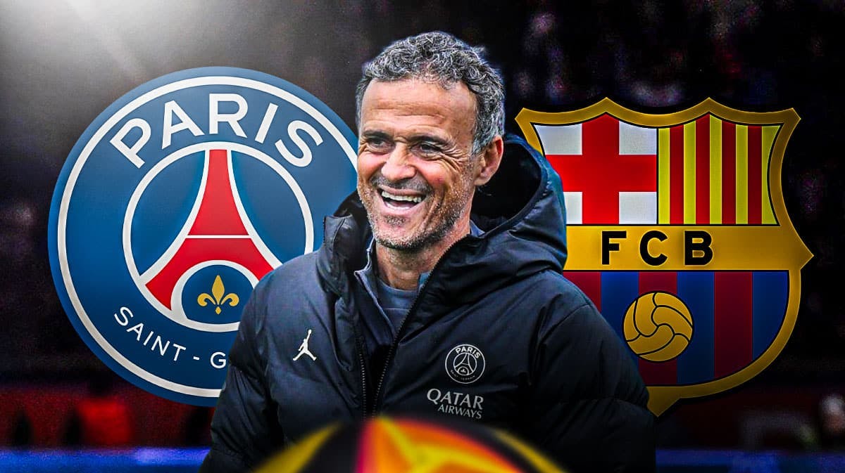 Luis Enrique in front of the PSG and Barcelona logos