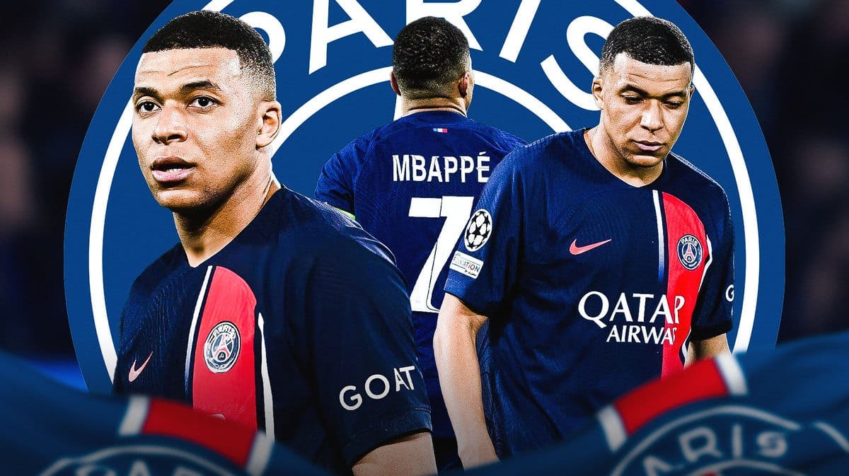 Multiple images of Kylian Mbappe sad/struggling/looking down in front of the PSG logo