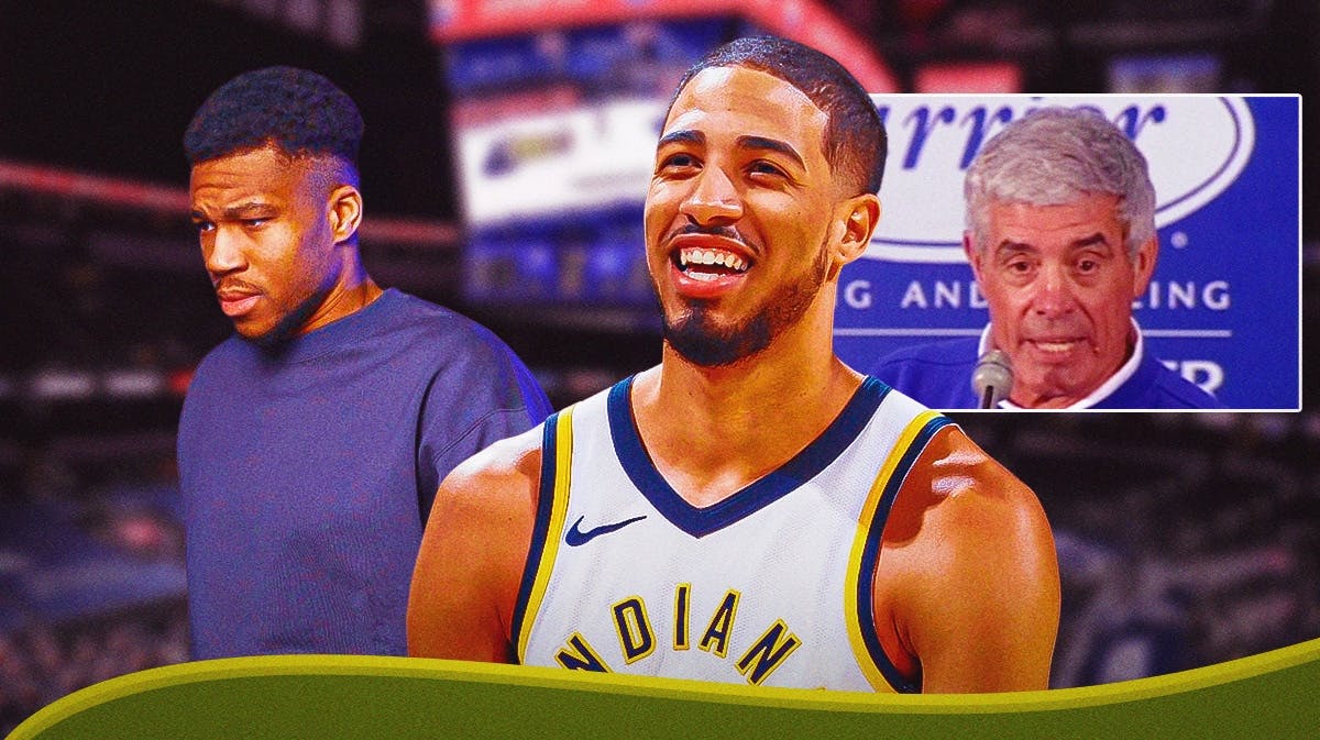 acers' Tyrese Haliburton smiling in the middle, with a dejected Bucks' Giannis Antetokounmpo in casual clothes beside him, with picture of Jim Mora from his 2001 playoff rant
