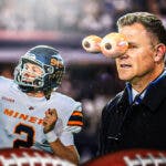 Green Bay Packers general manager Brian Gutekunst with eyeballs emoji where his eyes should be looking at University of Texas at El Paso (UTEP) quarterback Gavin Hardison throwing a football.