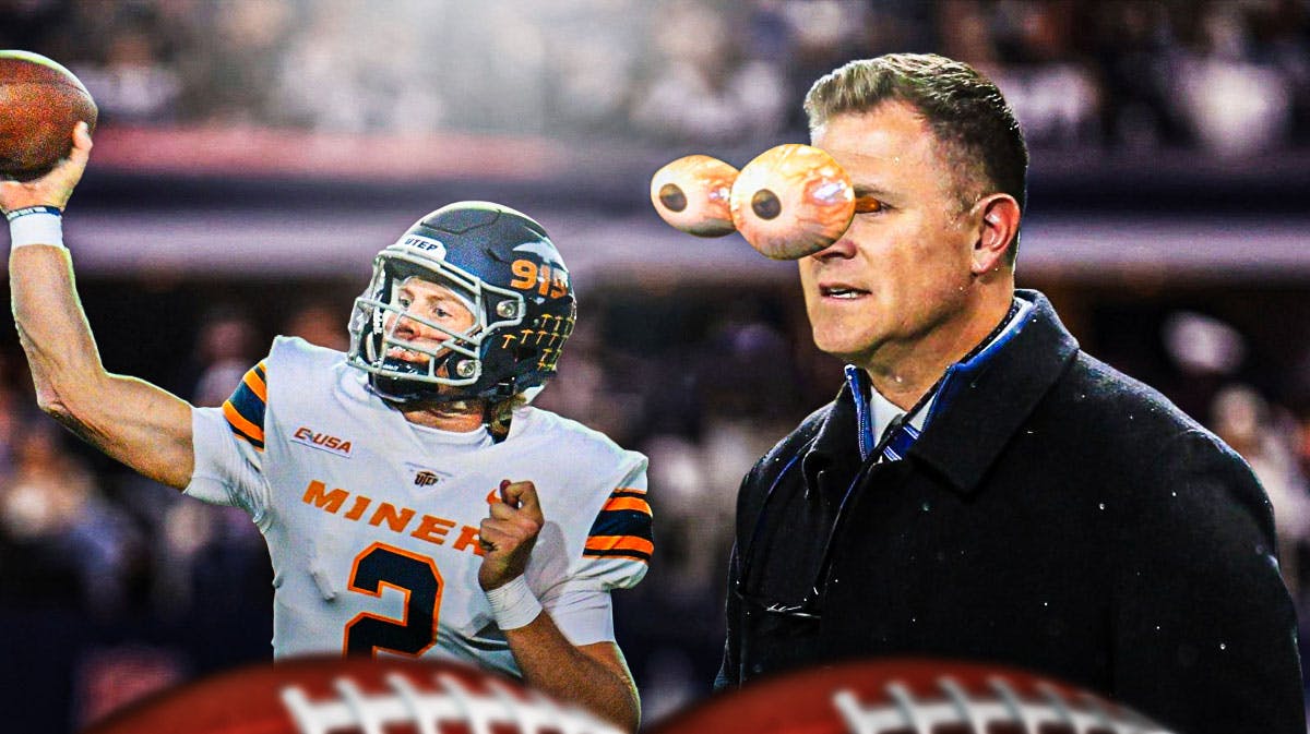 Green Bay Packers general manager Brian Gutekunst with eyeballs emoji where his eyes should be looking at University of Texas at El Paso (UTEP) quarterback Gavin Hardison throwing a football.