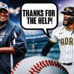 Fernando Tatis Jr. on one side with a speech bubble that says "Thanks for the help!" Tony Gwynn on the other side