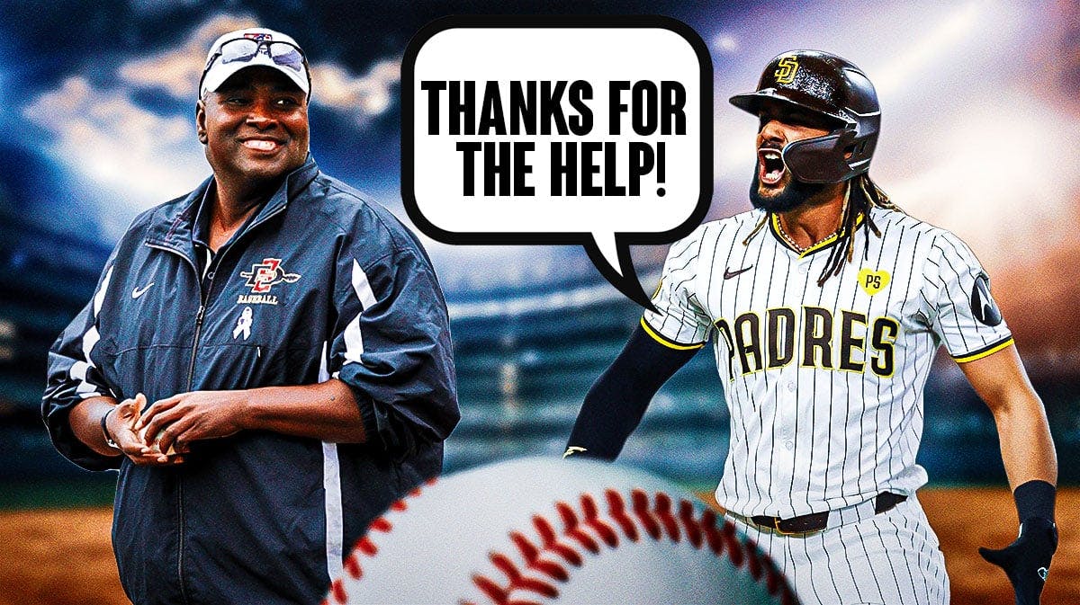 Fernando Tatis Jr. on one side with a speech bubble that says "Thanks for the help!" Tony Gwynn on the other side