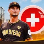 action shot of Yu Darvish (Padres) with medical cross symbol in the background