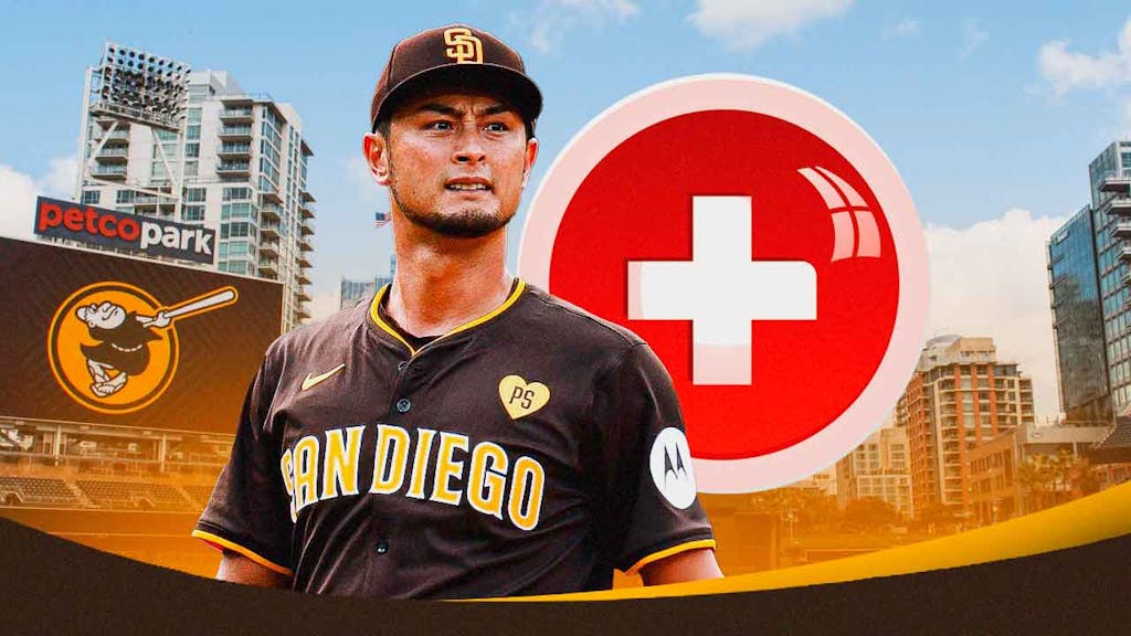 action shot of Yu Darvish (Padres) with medical cross symbol in the background