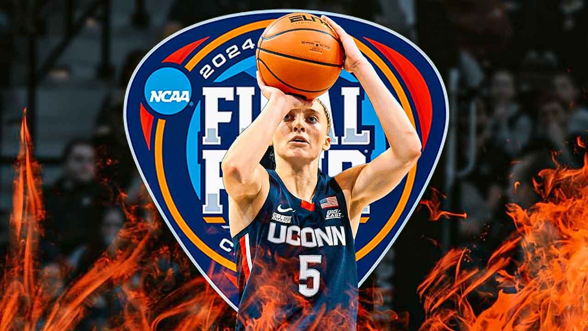 UConn women's basketball player Paige Bueckers, shooting a basketball, with the NCAA Division 1 Final Four logo behind her, and flames