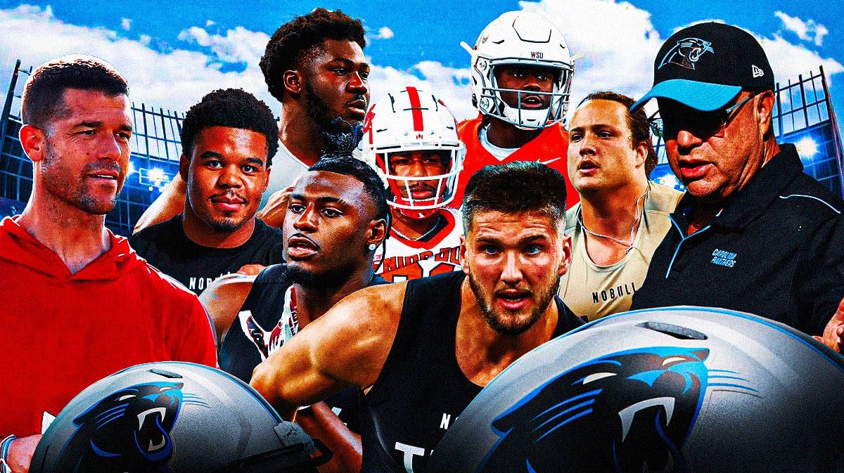Panthers coach Dave Canales and owner David Tepper surrounded by Chop Robinson, Penn State Xavier Legette, South Carolina, Malachai Corley, Western Kentucky, Ben Sinnott, Kansas State, CB Chau Smith-Wade, Washington State, Mohamed Kamara, Colorado State, and Dylan McMahon, North Carolina State with a 2024 NFL Draft background.