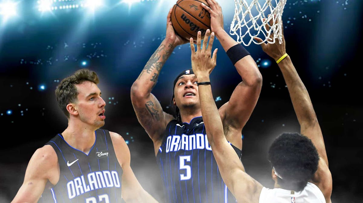 Magic F Paolo Banchero & Franz Wagner and a text bubble from Paolo saying 'We Need To Score More!' against the Cavs