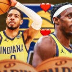 Pascal Siakam with hearts all over him with the Pacers logo and Tyrese Haliburton beside him