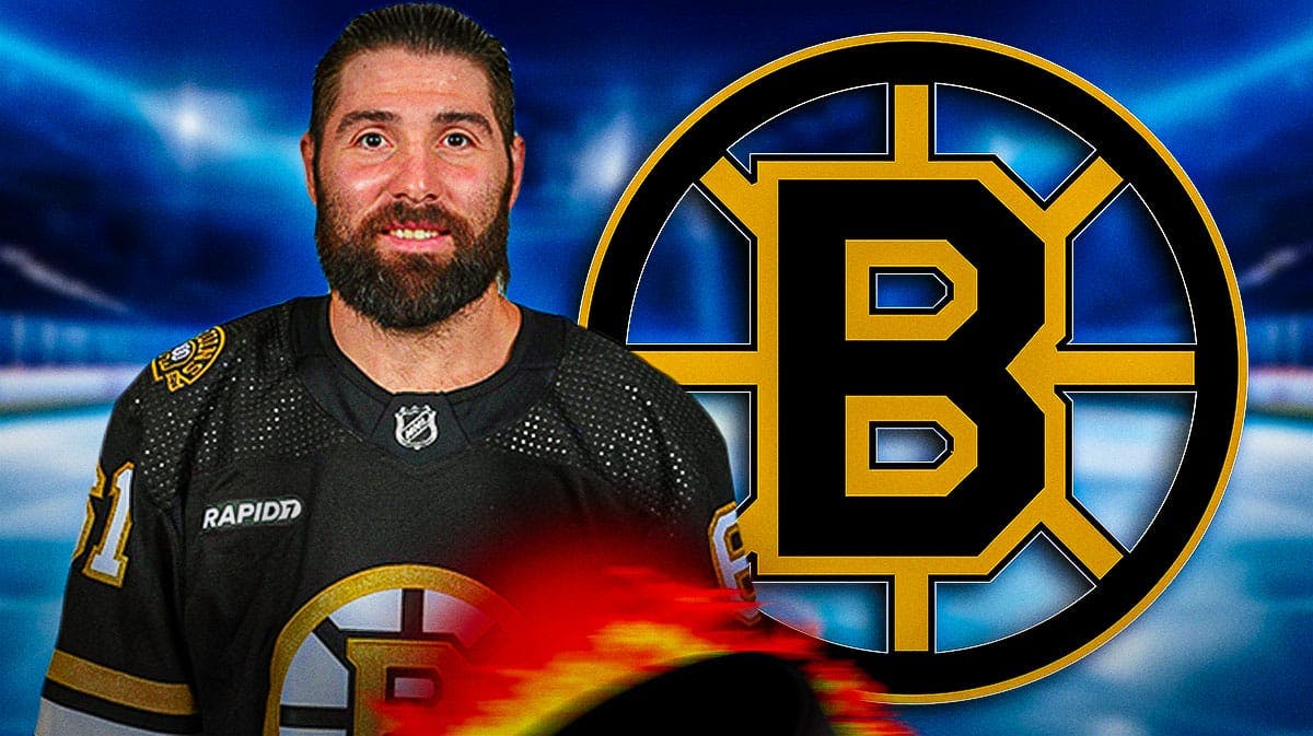 Pat Maroon in image looking happy with a Boston Bruins jersey, Boston Bruins logo, hockey rink in background