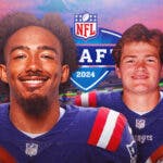 Photo: Ja'Lynn Polk in action in Patriots jersey, Drake Maye beside him smiling in Patriots jersey as well. Gillette Stadium, 2024 NFL Draft logo behind