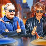 Former New England Patriots head coach Bill Belichick and American singer-songwriter Jon Bon Jovi each holding a beer and wearing sunglasses with Bourbon Street in New Orleans in the background.